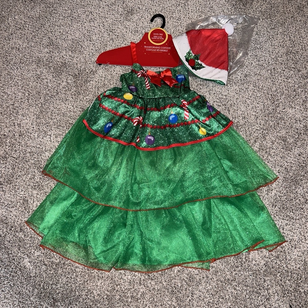 Girls Christmas Tree Dress & Santa Hat Transforming Costume‎ Small Brand New